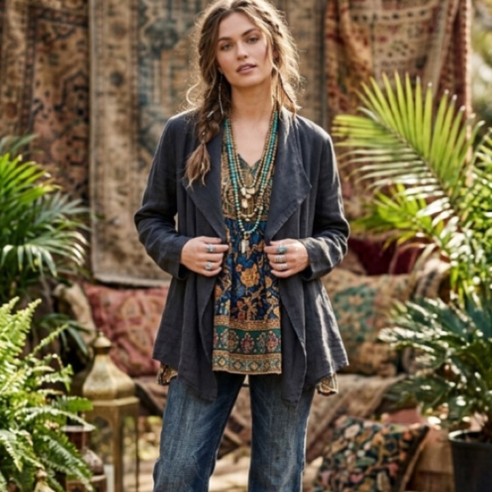 Flax Linen Open Front Summer Blazer Jacket Size XL